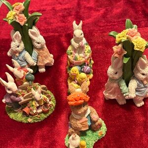 Charming Bunny Figurine Set with Floral Accents 5 ceramic bunny scenes